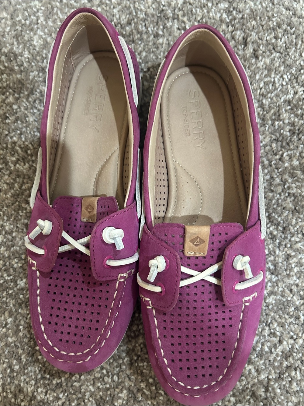 Sperry Magenta Perforated Slip-On Loafers with White Laces - Picture 2 of 5